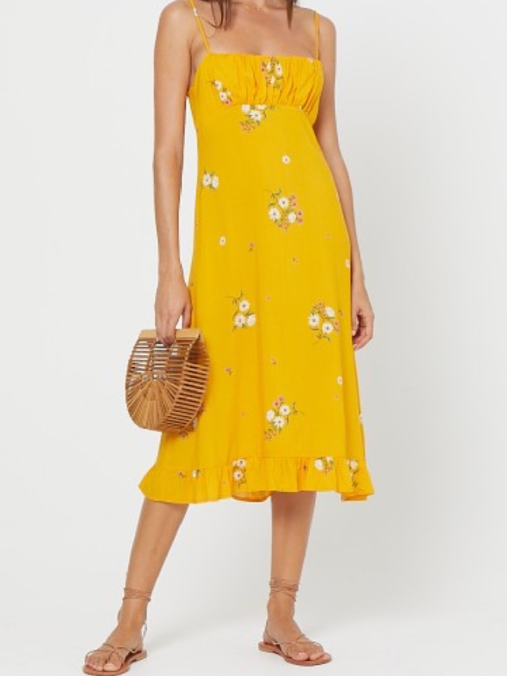 Auguste Yellow Floral Midi Sundress with Ruffle Hem. Revolve
